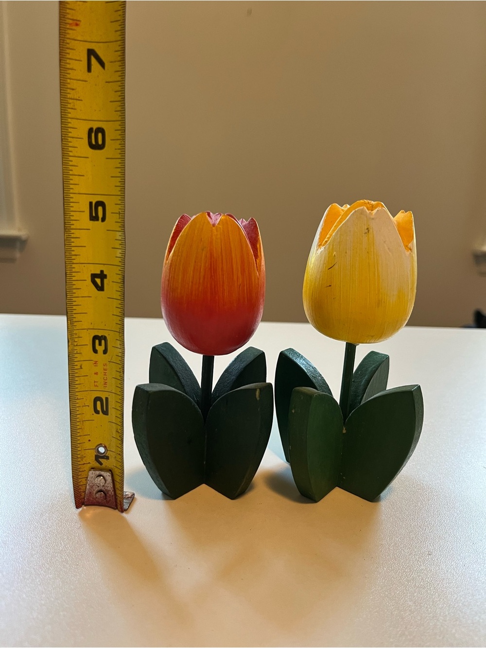 Handcrafted Wooden Tulip Pair -  Red and Yellow from Holland